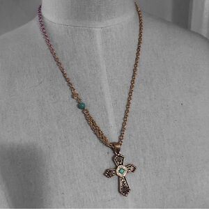 NEW W TAGS DaVinci Turquoise and Silver Cross Necklace Earrings Set